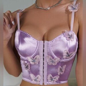 Y2K Purple Satin Corset Crop Top w/ Butterfly Appliqué
